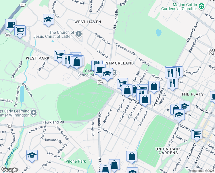 map of restaurants, bars, coffee shops, grocery stores, and more near 3821 Lancaster Avenue in Wilmington