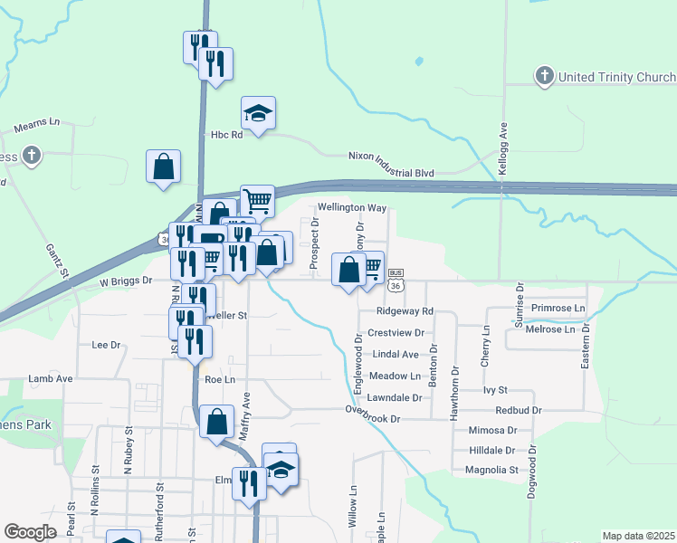 map of restaurants, bars, coffee shops, grocery stores, and more near 1706 Prospect Drive in Macon