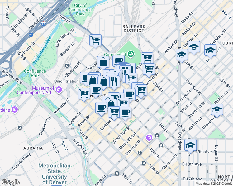 map of restaurants, bars, coffee shops, grocery stores, and more near in Denver