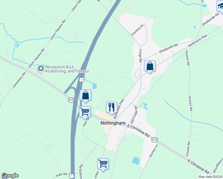map of restaurants, bars, coffee shops, grocery stores, and more near 120 Baltimore Pike in Nottingham
