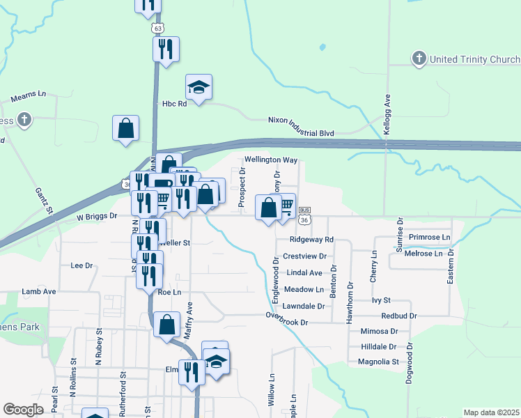 map of restaurants, bars, coffee shops, grocery stores, and more near 809 East Briggs Drive in Macon