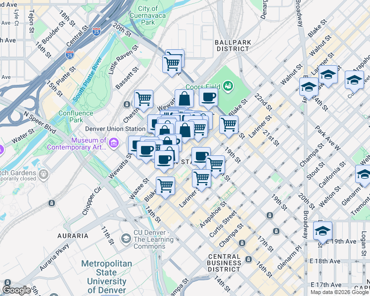 map of restaurants, bars, coffee shops, grocery stores, and more near 1743 Wazee Street in Denver