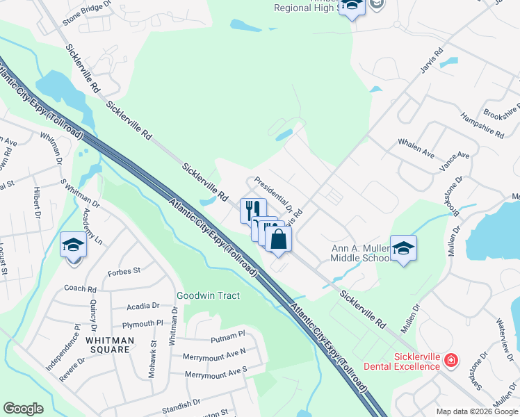map of restaurants, bars, coffee shops, grocery stores, and more near 132 Presidential Drive in Sicklerville