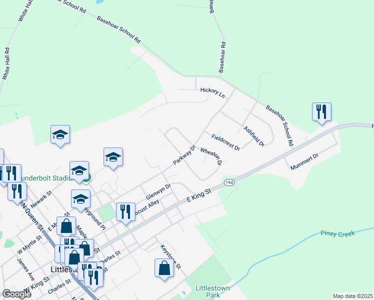 map of restaurants, bars, coffee shops, grocery stores, and more near 604 Parkway Drive in Littlestown