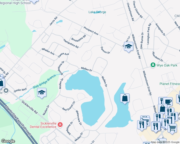 map of restaurants, bars, coffee shops, grocery stores, and more near 95 Mullen Drive in Sicklerville