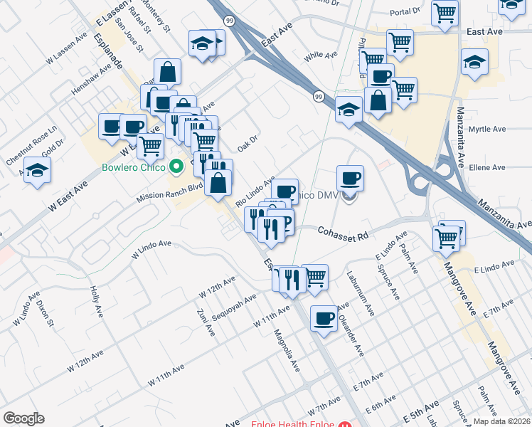 map of restaurants, bars, coffee shops, grocery stores, and more near 21 Williamsburg Lane in Chico