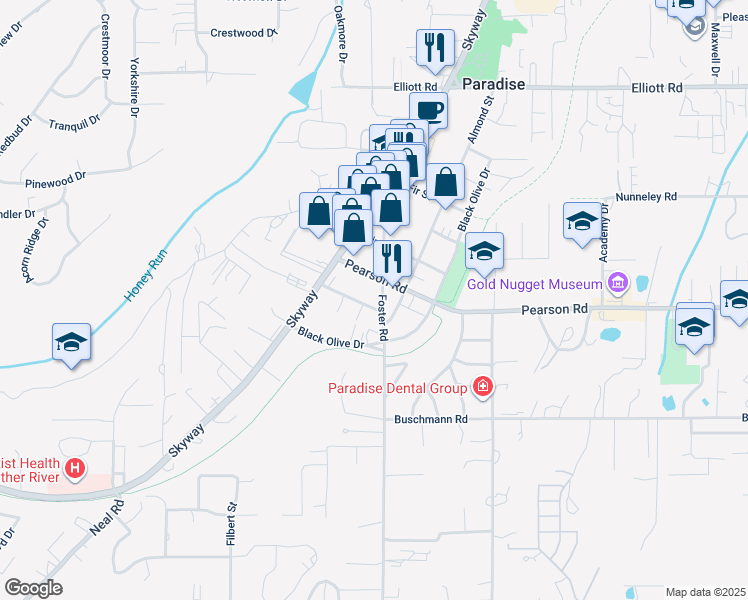 map of restaurants, bars, coffee shops, grocery stores, and more near 587 Oakwood Lane in Paradise