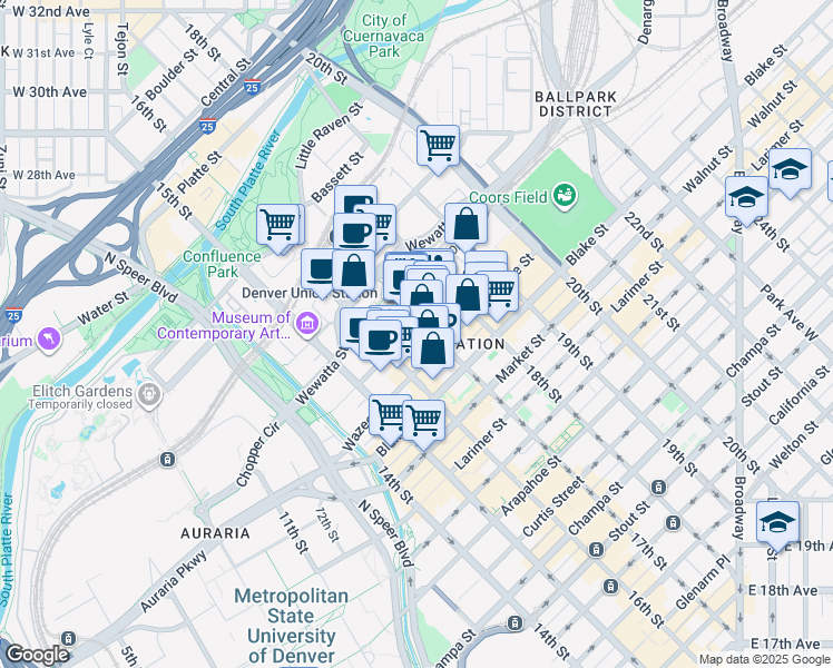 map of restaurants, bars, coffee shops, grocery stores, and more near 1700 Wewatta Street in Denver