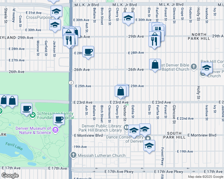 map of restaurants, bars, coffee shops, grocery stores, and more near 2505 Cherry Street in Denver