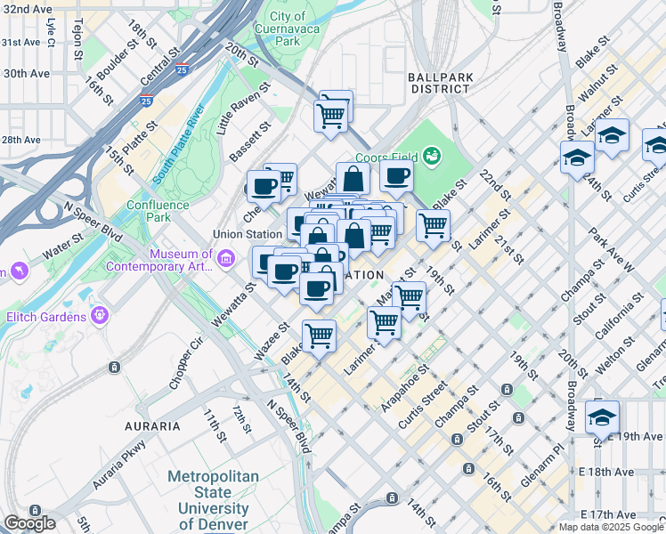 map of restaurants, bars, coffee shops, grocery stores, and more near 1743 Wazee Street in Denver