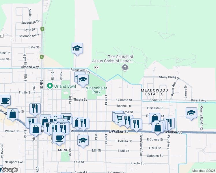 map of restaurants, bars, coffee shops, grocery stores, and more near 225 East Street in Orland