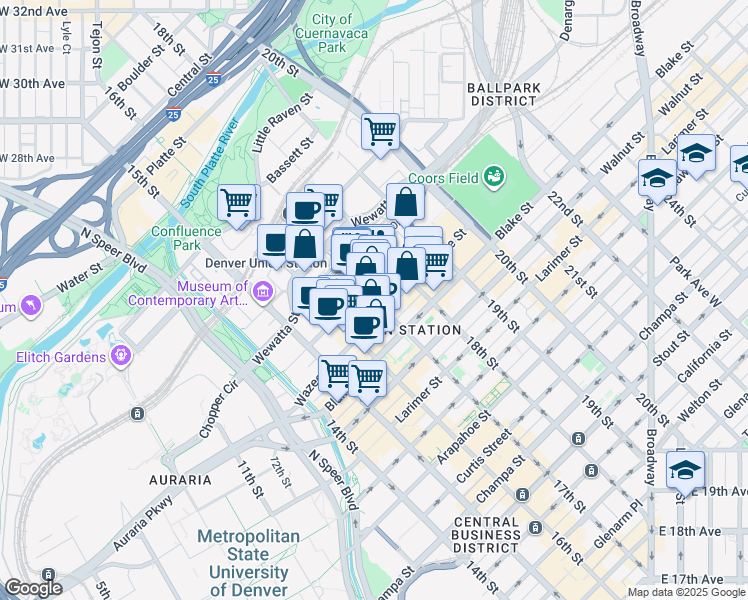 map of restaurants, bars, coffee shops, grocery stores, and more near 1700 Wewatta Street in Denver