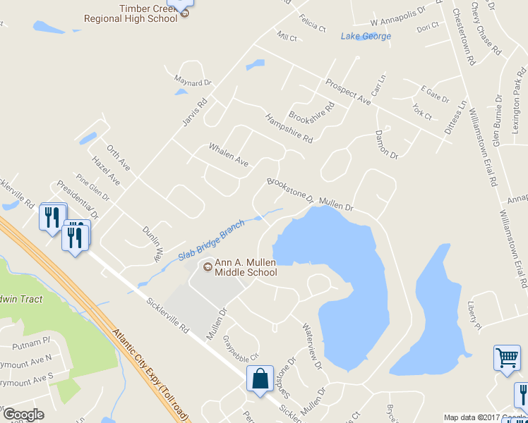 map of restaurants, bars, coffee shops, grocery stores, and more near 5 Brookstone Drive in Sicklerville