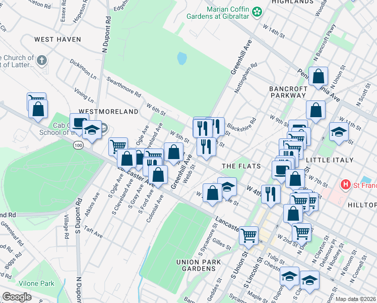 map of restaurants, bars, coffee shops, grocery stores, and more near 403 Greenhill Avenue in Wilmington