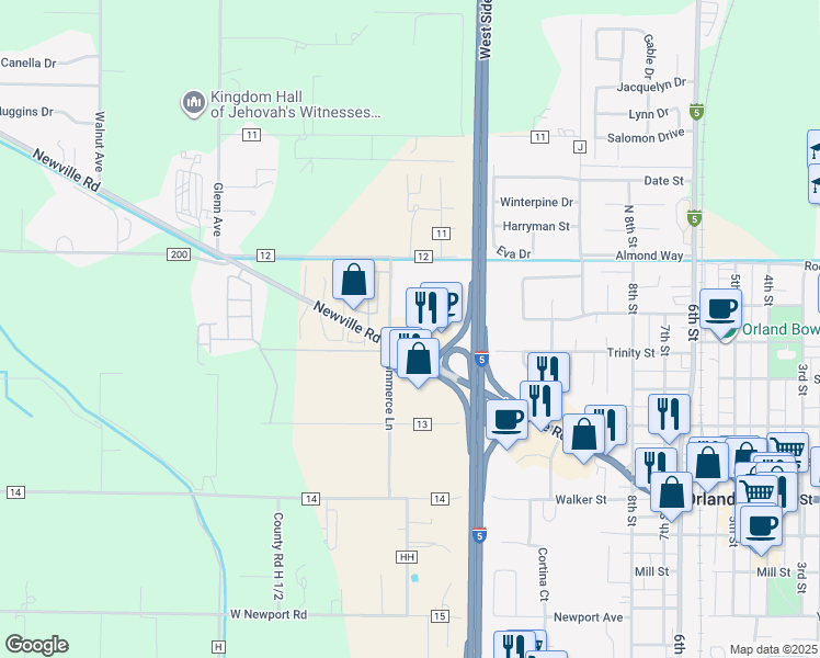 map of restaurants, bars, coffee shops, grocery stores, and more near 1158 Hoff Way in Orland