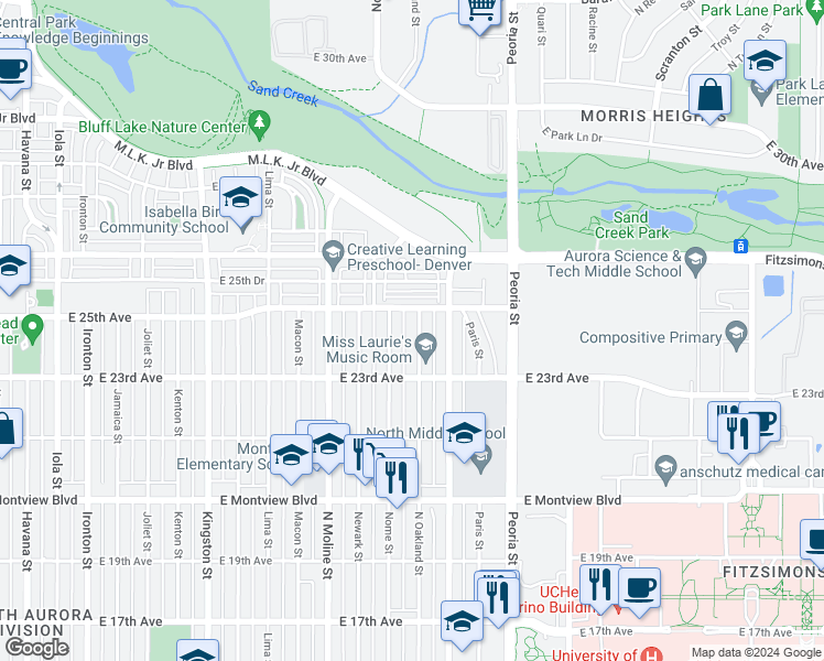 map of restaurants, bars, coffee shops, grocery stores, and more near 2398 Nome Street in Aurora