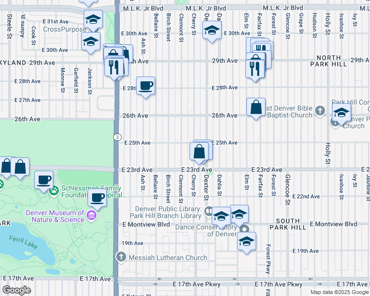 map of restaurants, bars, coffee shops, grocery stores, and more near 2505 Cherry Street in Denver