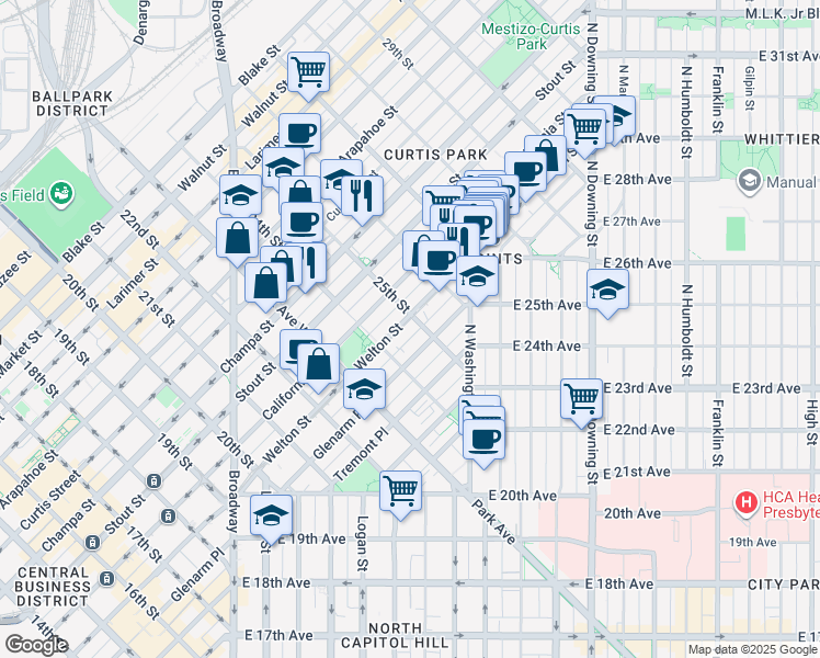map of restaurants, bars, coffee shops, grocery stores, and more near 2501 Welton Street in Denver