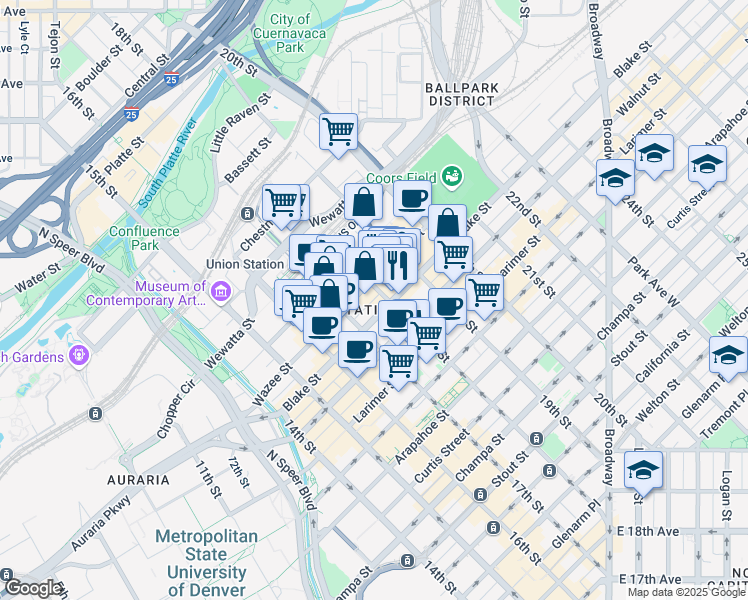 map of restaurants, bars, coffee shops, grocery stores, and more near 1523 18th Street in Denver