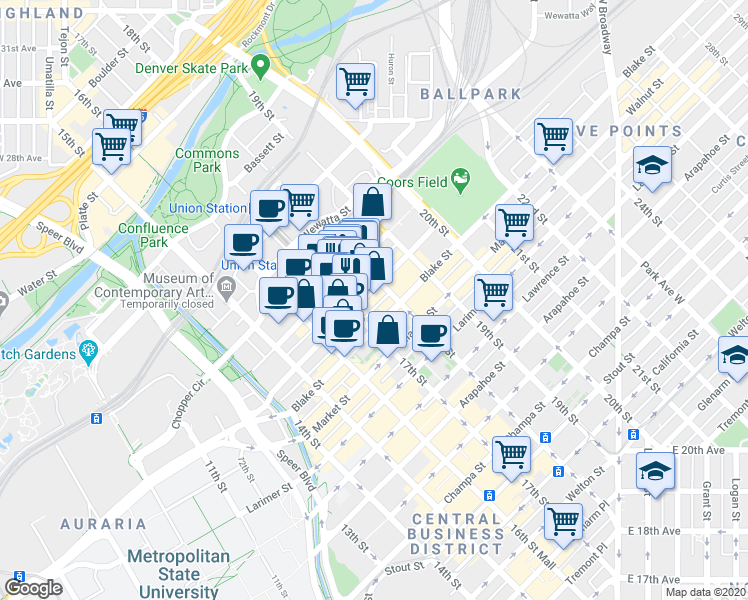map of restaurants, bars, coffee shops, grocery stores, and more near 1743 Wazee Street in Denver
