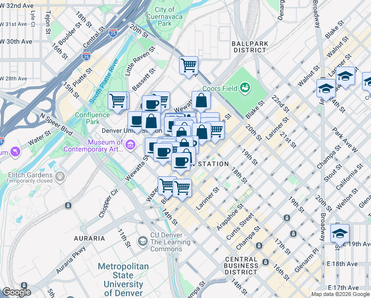 map of restaurants, bars, coffee shops, grocery stores, and more near 1700 Wewatta Street in Denver