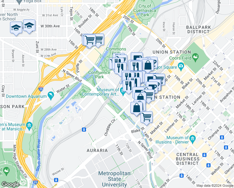 map of restaurants, bars, coffee shops, grocery stores, and more near 2000 16th Street Mall in Denver