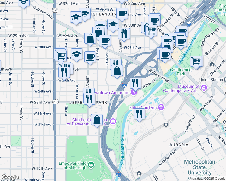 map of restaurants, bars, coffee shops, grocery stores, and more near 2400 West Byron Place in Denver