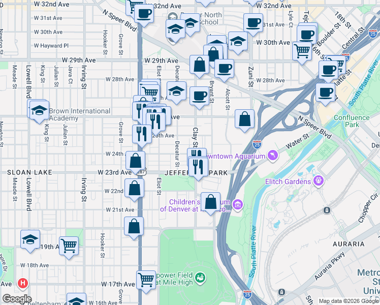 map of restaurants, bars, coffee shops, grocery stores, and more near in Denver