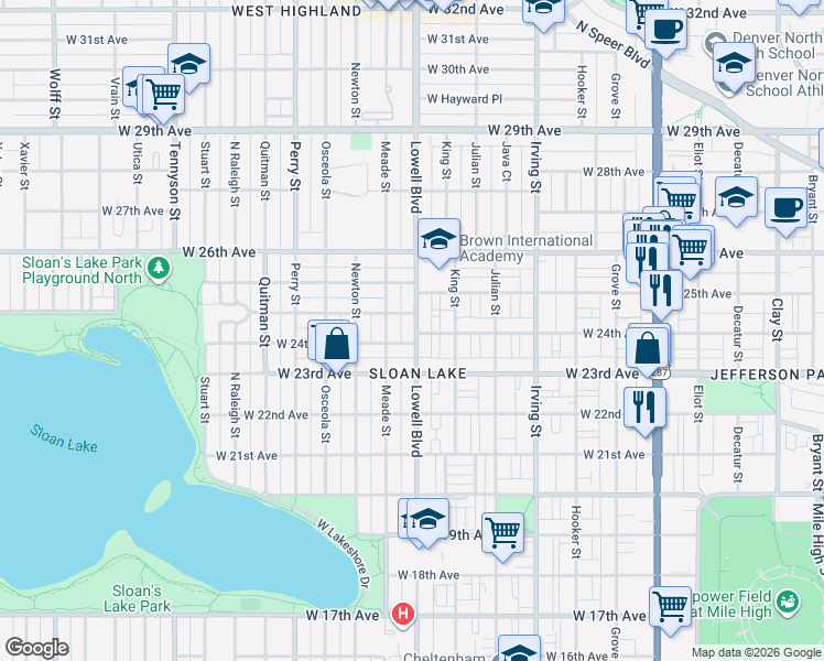 map of restaurants, bars, coffee shops, grocery stores, and more near 2432 Lowell Boulevard in Denver