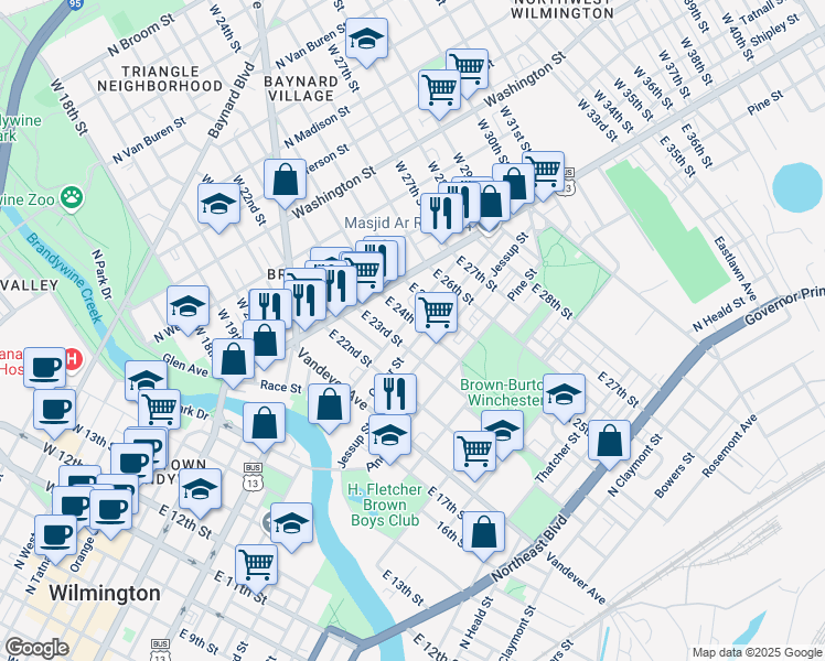 map of restaurants, bars, coffee shops, grocery stores, and more near 24 East 24th Street in Wilmington