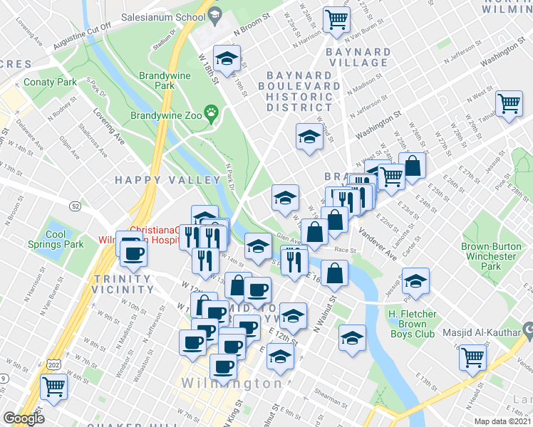 map of restaurants, bars, coffee shops, grocery stores, and more near 219 West 17th Street in Wilmington