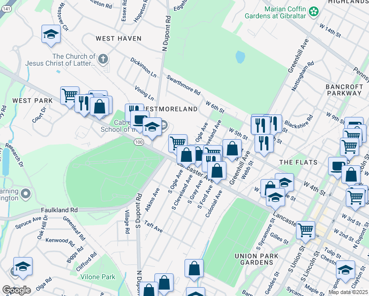 map of restaurants, bars, coffee shops, grocery stores, and more near 3101 Conrad Street in Wilmington