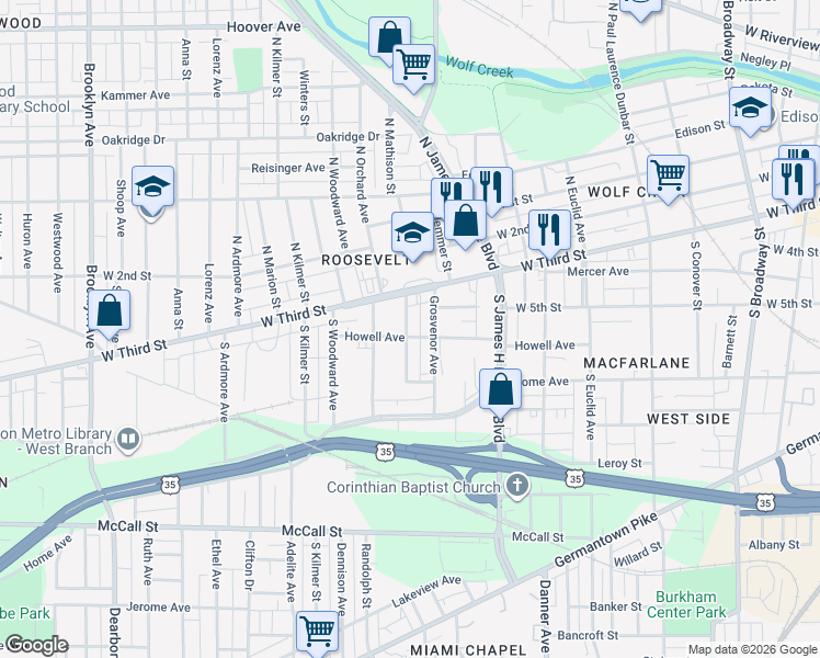 map of restaurants, bars, coffee shops, grocery stores, and more near 19 South Mathison Street in Dayton