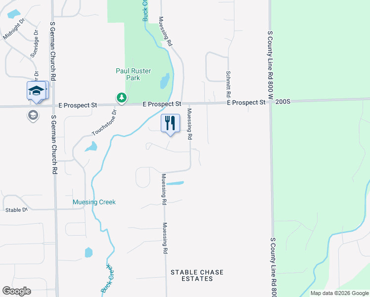 map of restaurants, bars, coffee shops, grocery stores, and more near 1227 Muessing Road in Indianapolis
