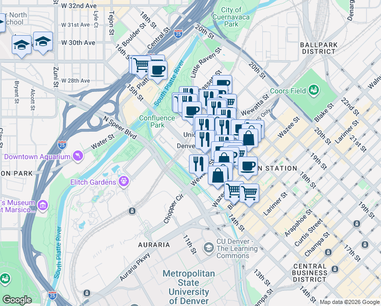 map of restaurants, bars, coffee shops, grocery stores, and more near 2000 16th Street Mall in Denver