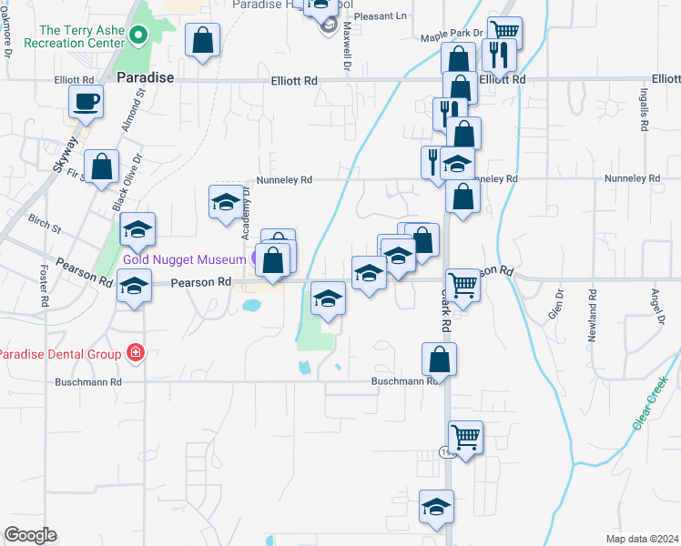 map of restaurants, bars, coffee shops, grocery stores, and more near 555 Pearson Road in Paradise