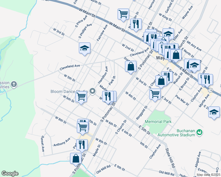 map of restaurants, bars, coffee shops, grocery stores, and more near 311 Park Street in Waynesboro