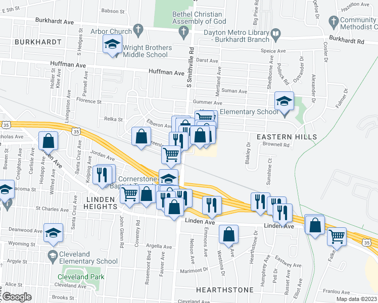 map of restaurants, bars, coffee shops, grocery stores, and more near 1070 South Smithville Road in Dayton