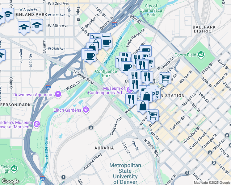 map of restaurants, bars, coffee shops, grocery stores, and more near 1440 Little Raven Street in Denver