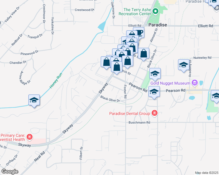 map of restaurants, bars, coffee shops, grocery stores, and more near 510 Oakwood Lane in Paradise