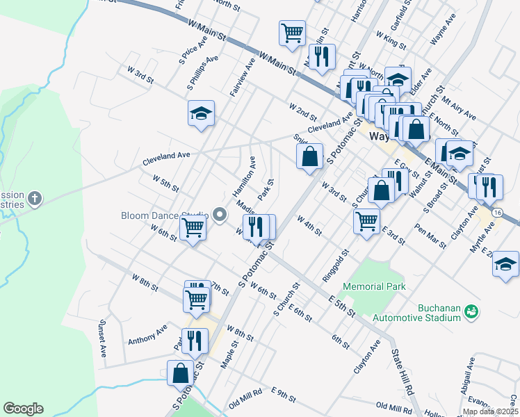 map of restaurants, bars, coffee shops, grocery stores, and more near 311 Park Street in Waynesboro