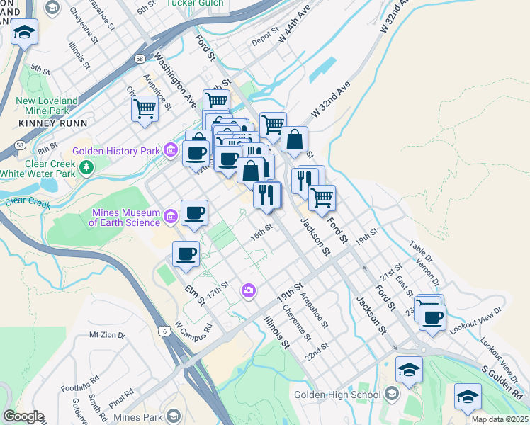 map of restaurants, bars, coffee shops, grocery stores, and more near 809 15th Street in Golden