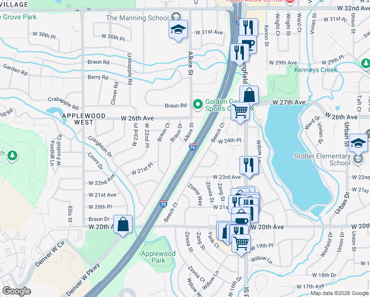 map of restaurants, bars, coffee shops, grocery stores, and more near 2518 Alkire Street in Golden