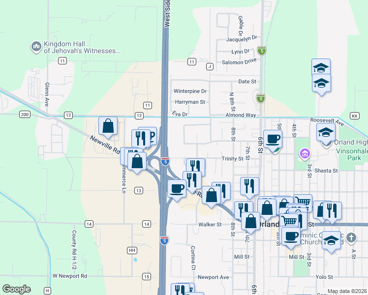 map of restaurants, bars, coffee shops, grocery stores, and more near 1019 West Monterey Street in Orland