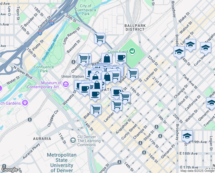 map of restaurants, bars, coffee shops, grocery stores, and more near 1743 Wazee Street in Denver