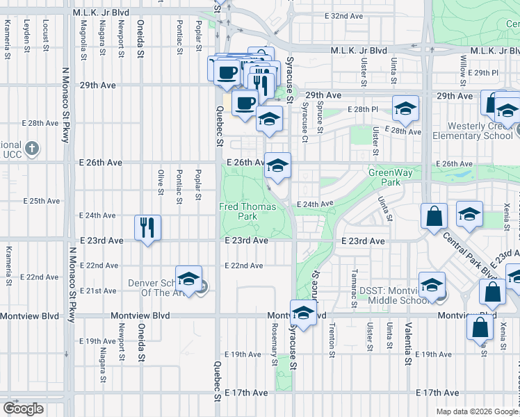 map of restaurants, bars, coffee shops, grocery stores, and more near 2400 Quebec Street in Denver