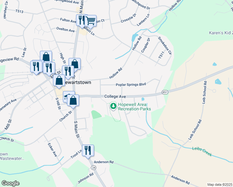 map of restaurants, bars, coffee shops, grocery stores, and more near 41 College Avenue in Stewartstown