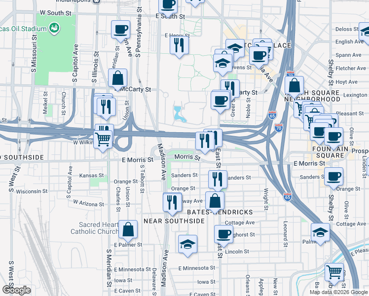 map of restaurants, bars, coffee shops, grocery stores, and more near 1042 High Street in Indianapolis