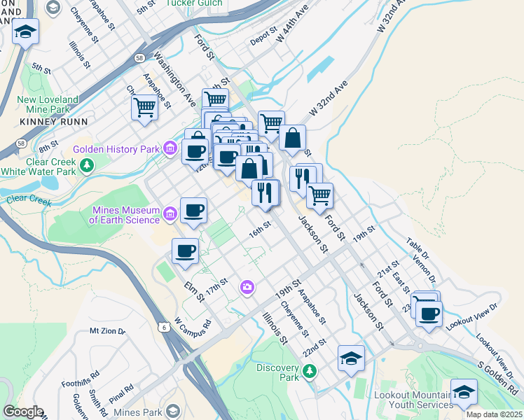 map of restaurants, bars, coffee shops, grocery stores, and more near 809 15th Street in Golden