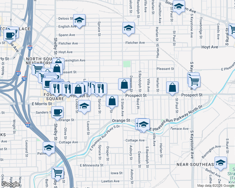 map of restaurants, bars, coffee shops, grocery stores, and more near 1619 Woodlawn Avenue in Indianapolis